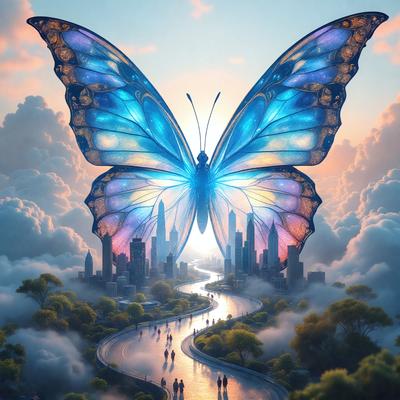 Primary subject: A large blue butterfly with a yellow wing.

Setting/background: A cityscape with buildings and a river.

Visual style: Digital art.

Colors and mood: The butterfly is predominantly blue and yellow, creating a vibrant and lively atmosphere.